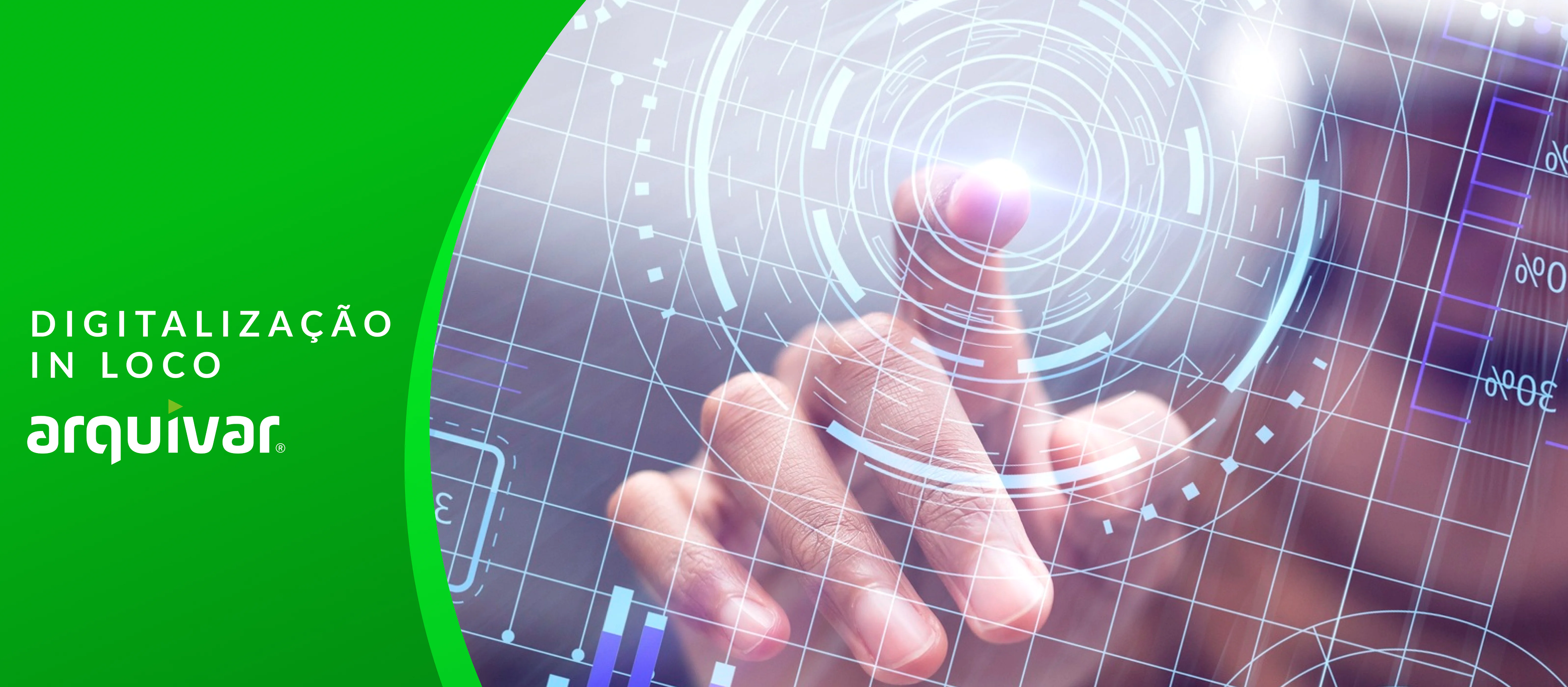 Dedo de uma pessoa clicando em tela com gráficos digitais surgindo à frente e representando digitalização in company.